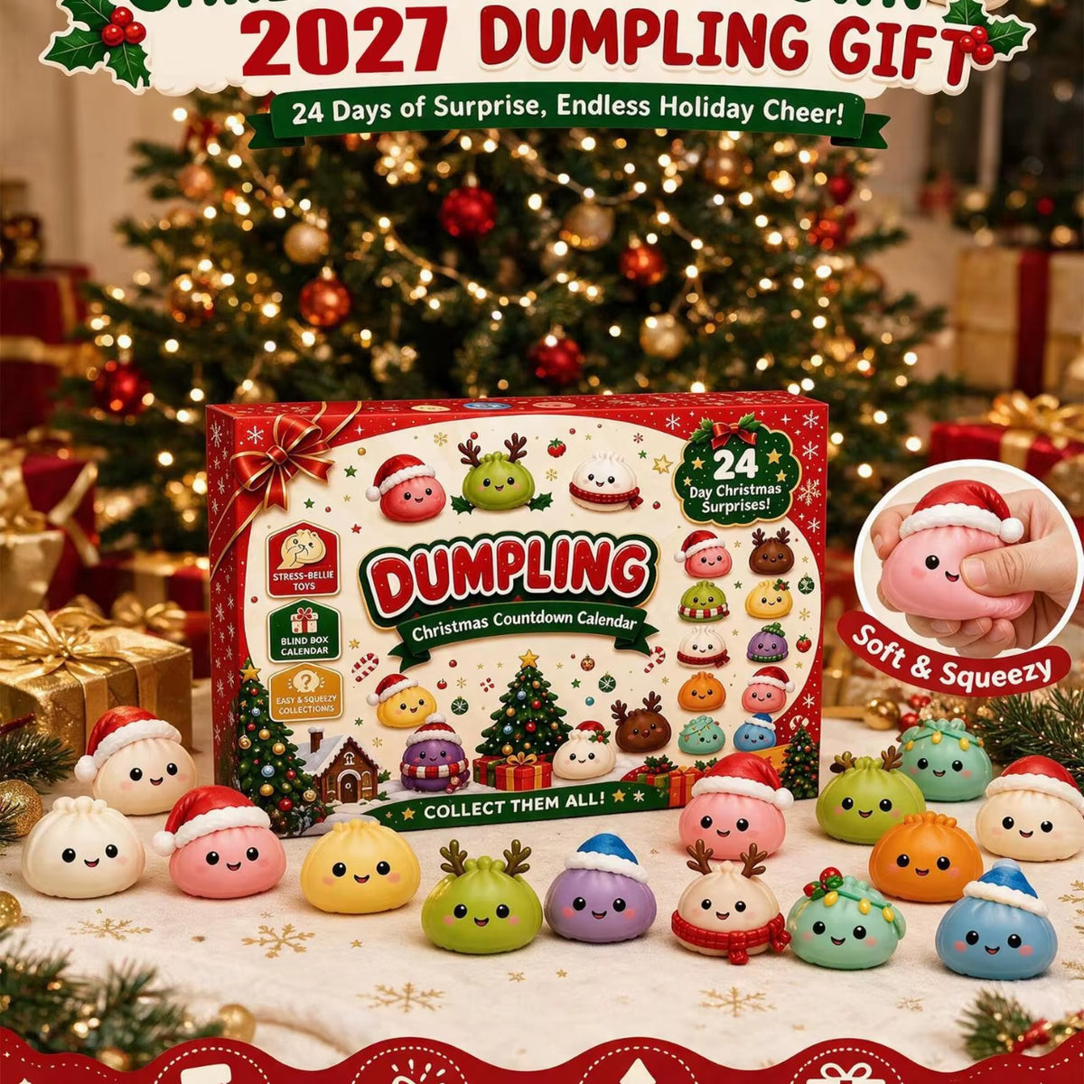 Cross-Border Christmas Countdown Bling Box Christmas Toy Tear-Off Calendar Hole-Hanging Fun Baozi Pinching Joy Bling Box